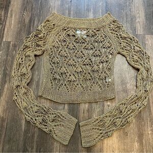 Women’s Gold Tan Long Sleeves Cropped Top Crochet Knitted Size M